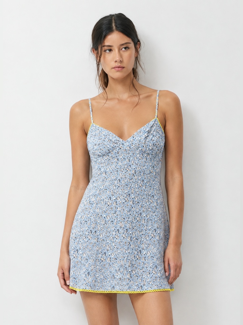 Topshop Blue Floral Mini Slip Dress Yellow Trim Size US 10 NWT